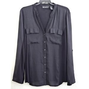 Top/Blouse-INC-International Concepts-Black-Button Up-Roll Tab Long Sleeve-XL